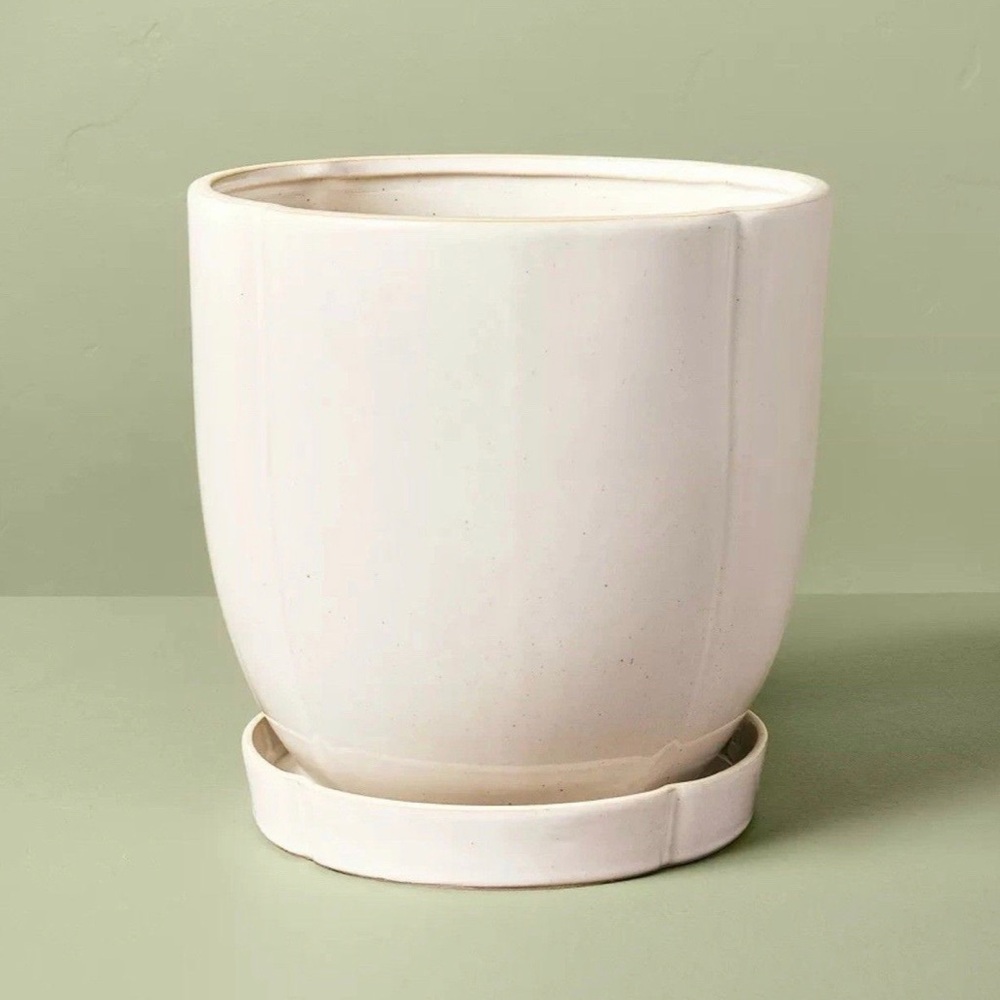 9.5" Stoneware Indoor/Outdoor Planter Pot with Saucer Cream - Hearth & Hand